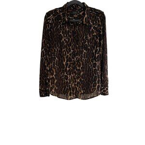Guess Button Up Shirt Women L Multicolor Leopard Print Long Sleeve Sheer Tribal
